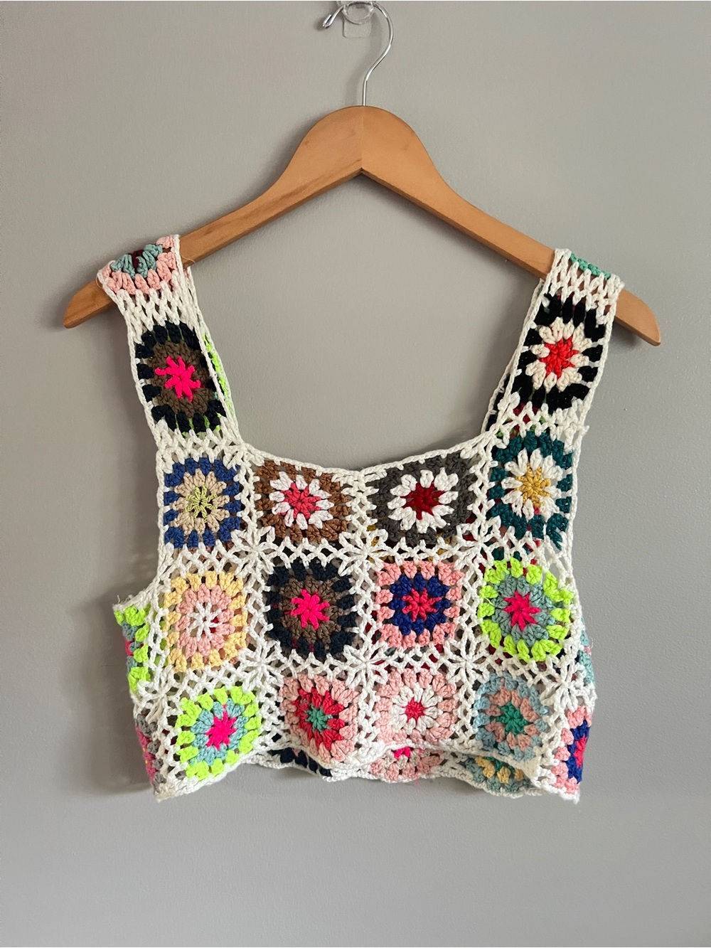 Handmade Crochet Multicolor Square Tank Top - White Trim
